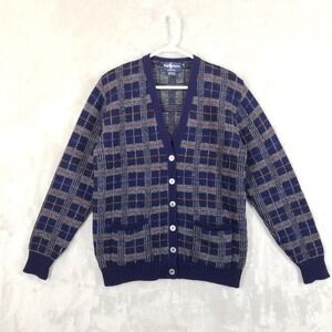Vtg Ralph Lauren Cardigan Women M Plaid 100% Wool Sweater Pockets Great Britain‎